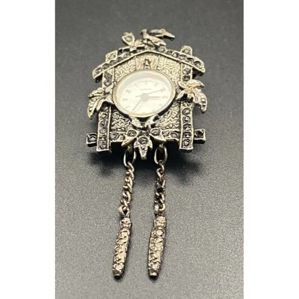 Vintage Watch Brooch/Pendant Lind Silver Tone Marcasite Cuckoo Clock Quartz 2.5" - Picture 7 of 7